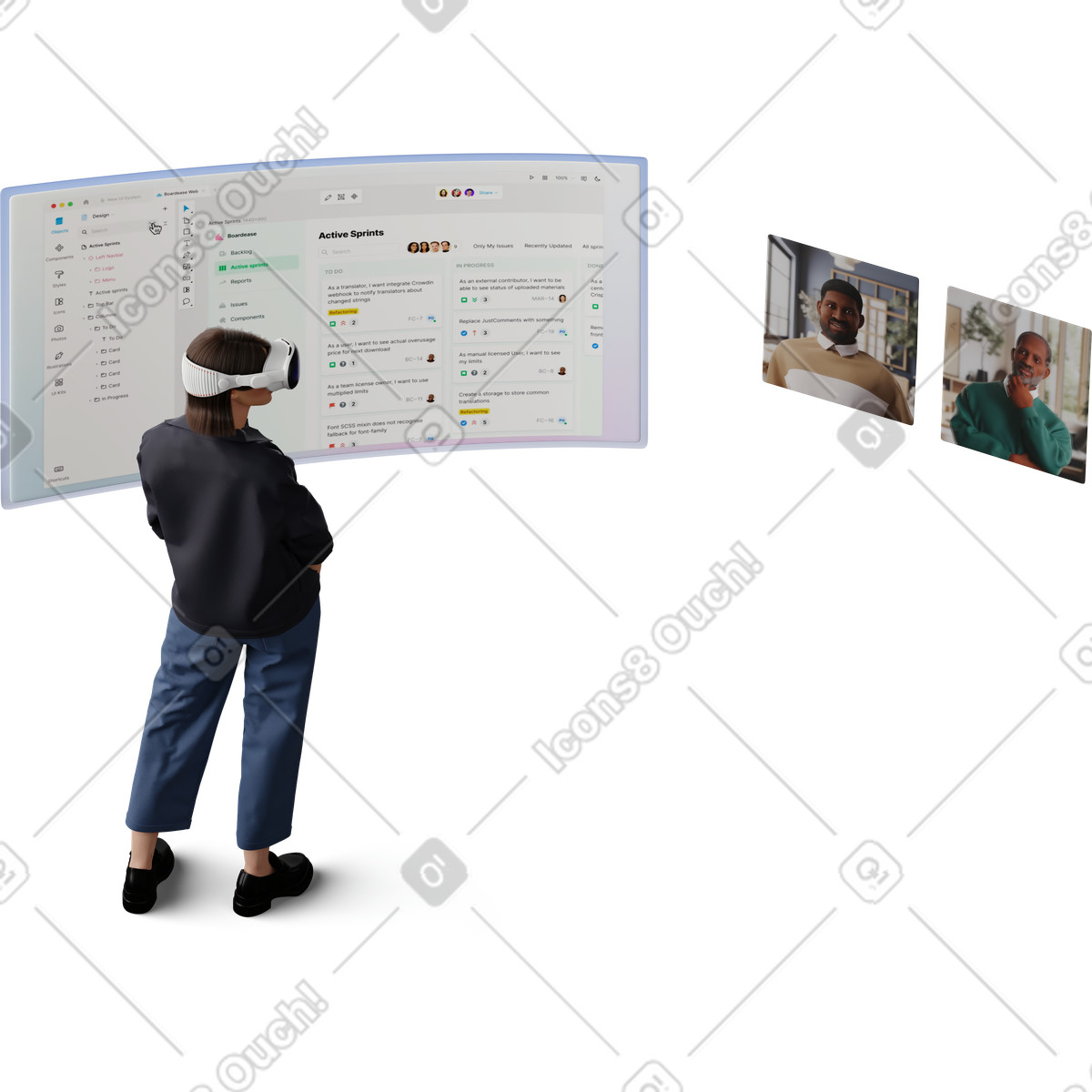 Ilustración Isometric view of colleagues discussing the project in vr en estilo 3D Hygge a descargar en PNG y SVG