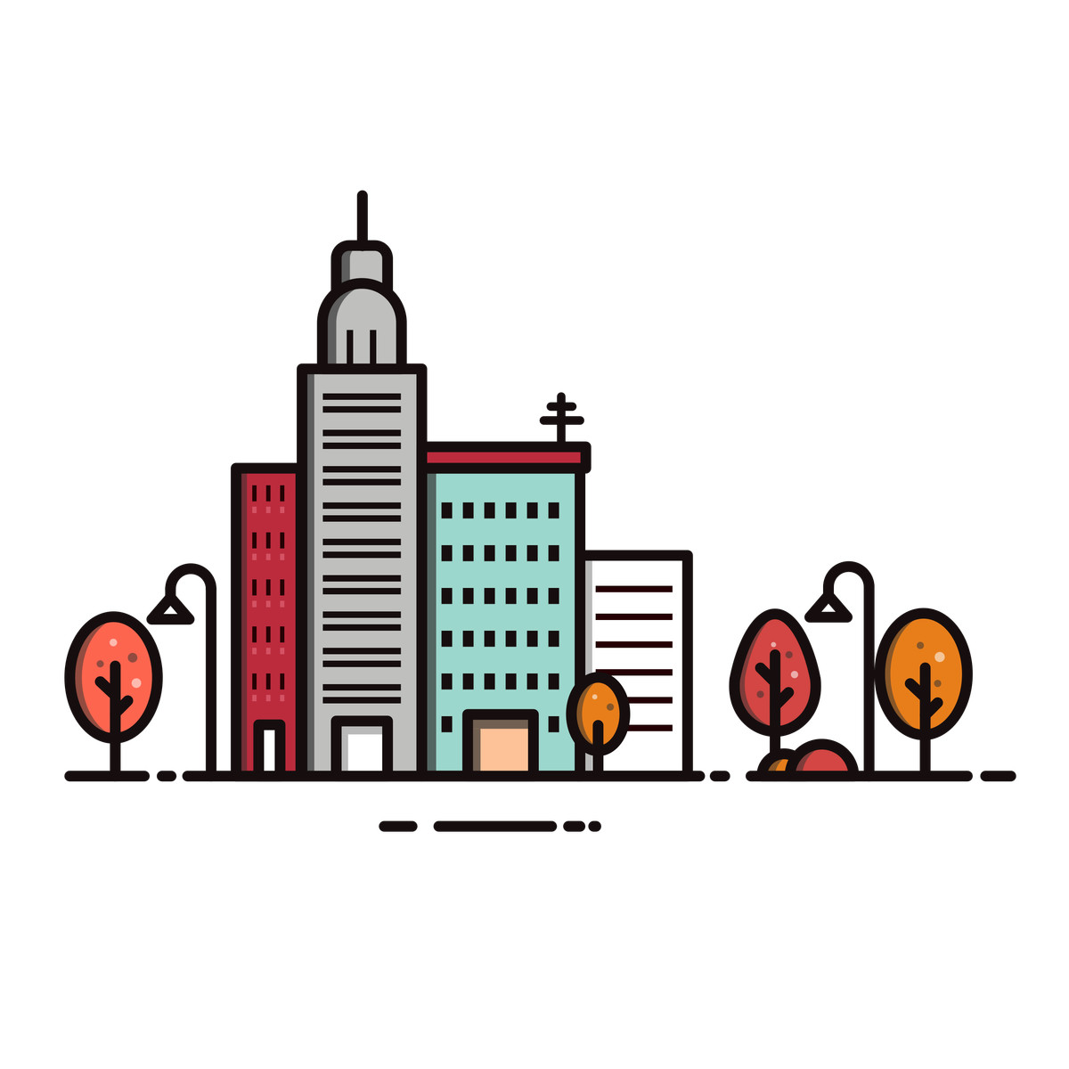 Modern cityscape with tall buildings and autumn trees, city environment or urban landscape illustration in Gummy style download in PNG, SVG