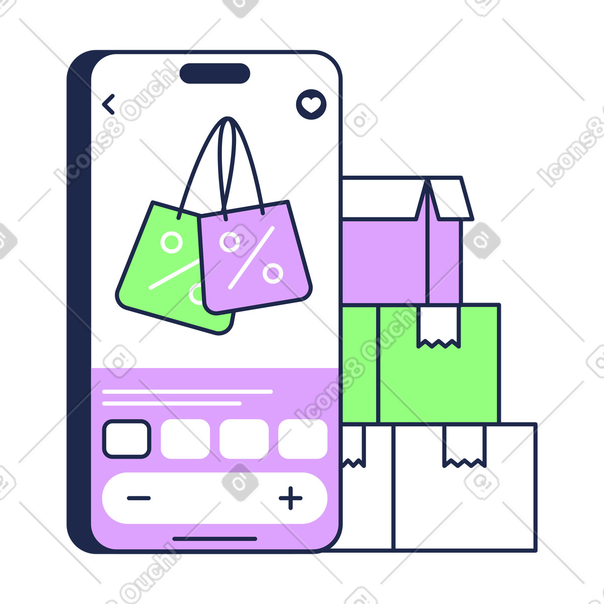 Ilustración Smartphone with shopping bags and packages, E-commerce convenient en estilo Outline a descargar en PNG y SVG
