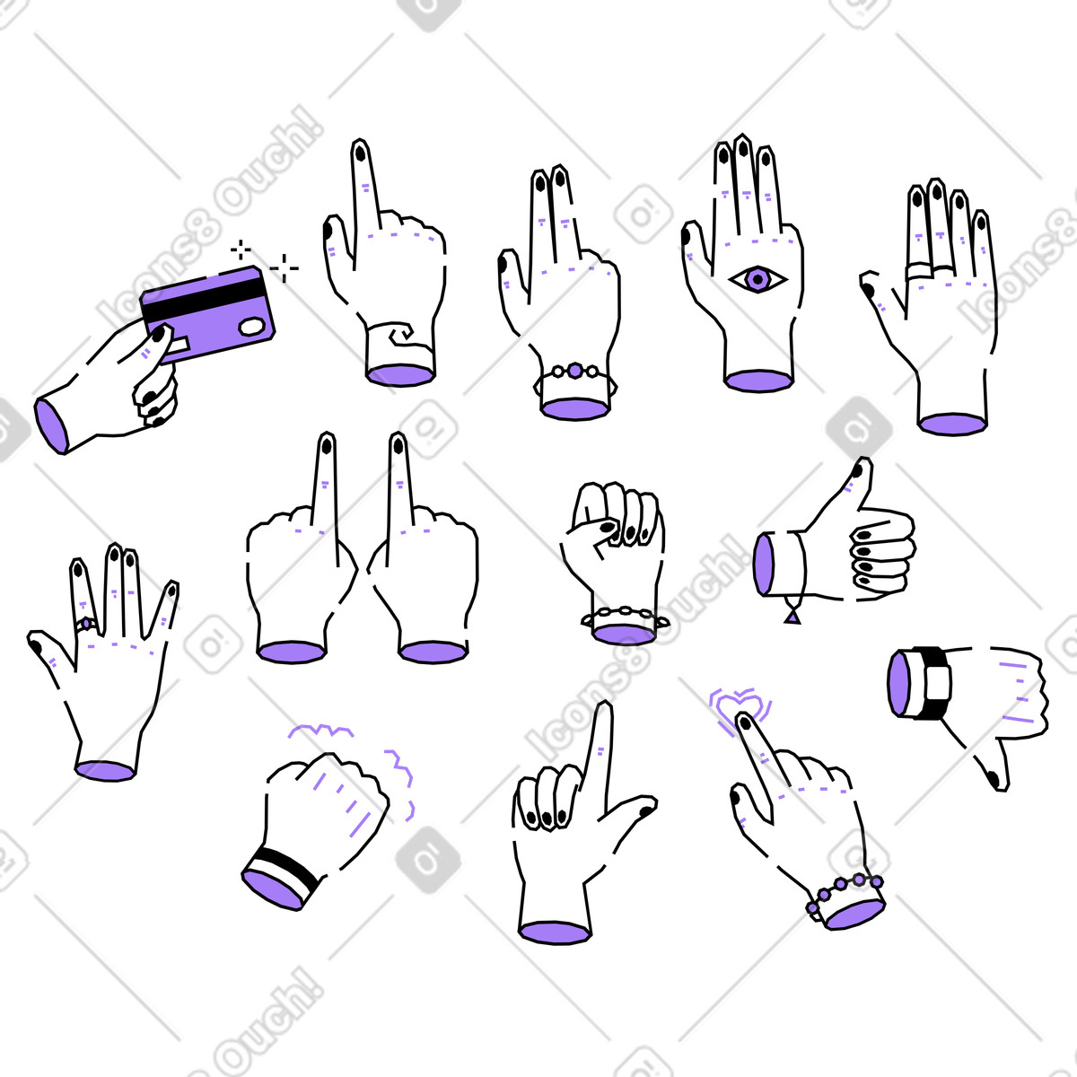 Ilustración Manos haciendo diferentes gestos. en estilo Amethyst a descargar en PNG y SVG