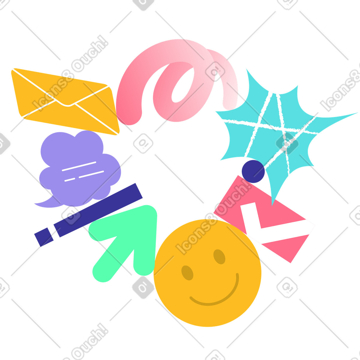 Email and chat icons with smiley face, digital collaboration messaging, business communication productivity illustration in Bright style download in PNG, SVG