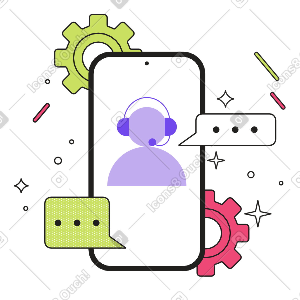 Smartphone with online support service illustration in PNG, SVG