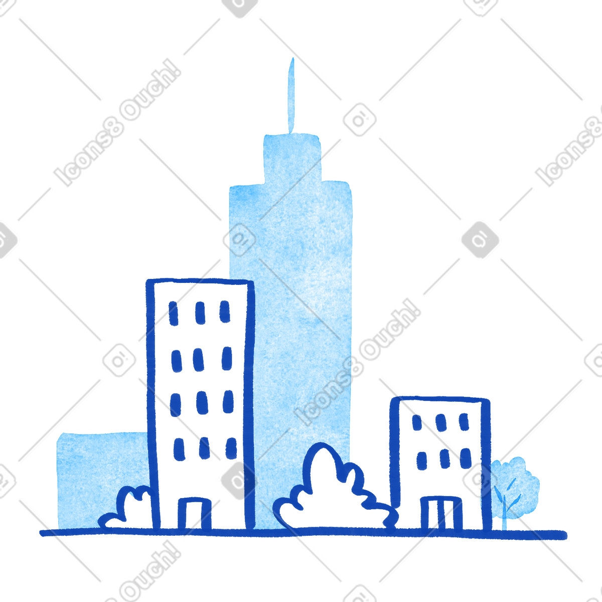 Illustration Skyscraper city skyline with office buildings and small trees silhouette dans le style Tint à télécharger aux formats PNG, SVG