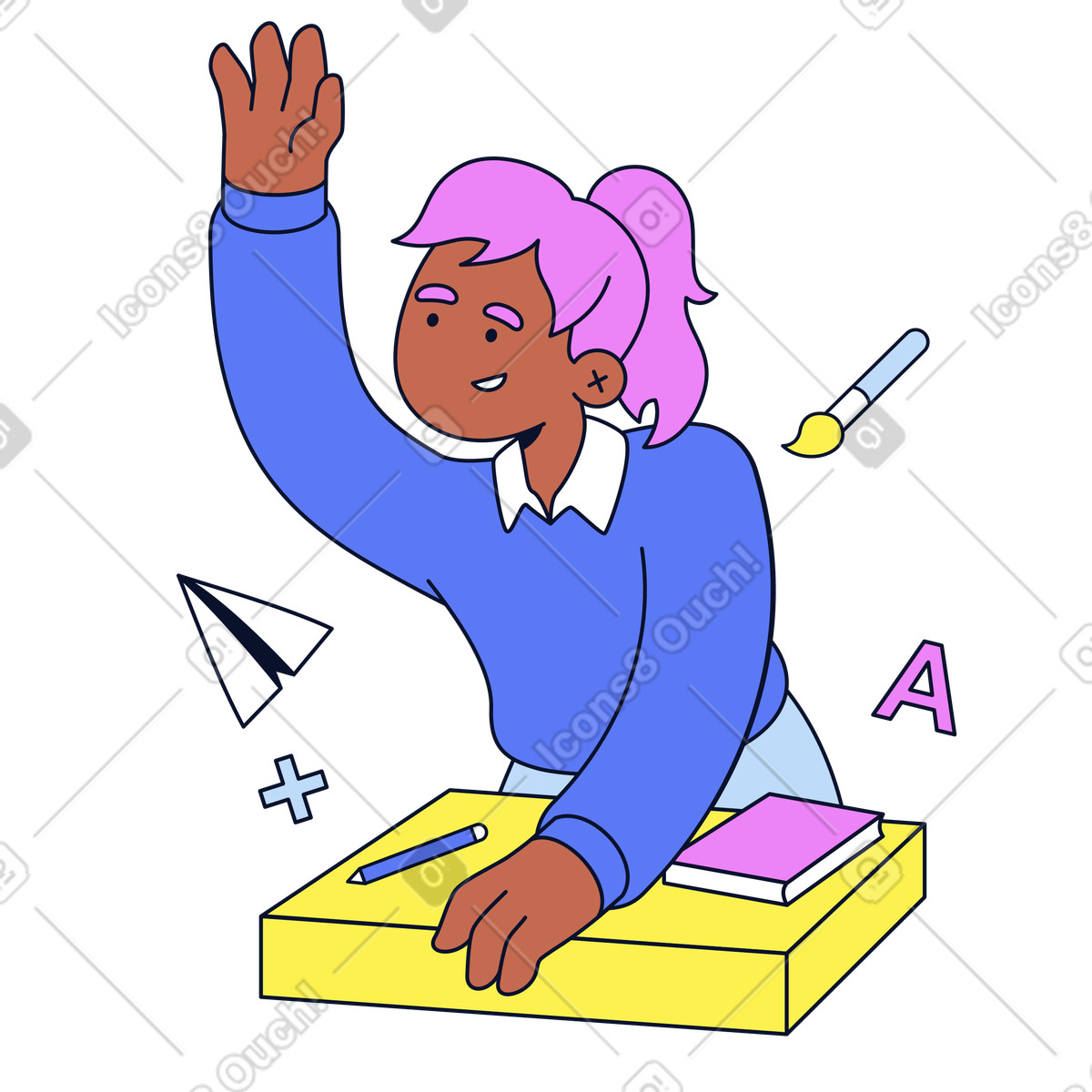 Student raising hand at desk, School education and active learning illustration in Flexy style download in PNG, SVG