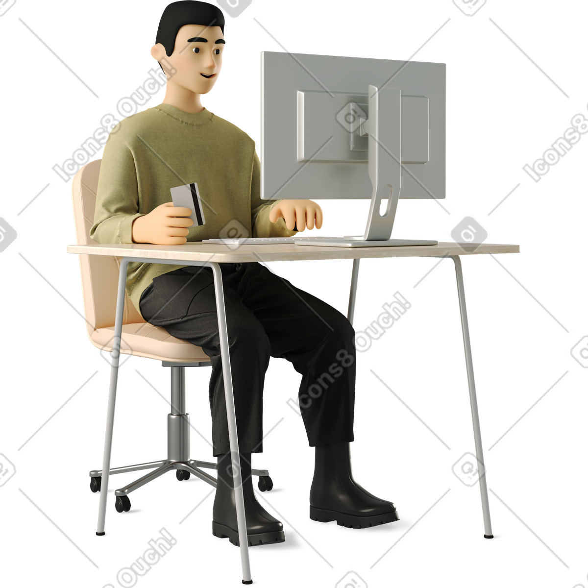 Guy working on a computer and shopping online illustration in 3D Business style download in PNG, SVG