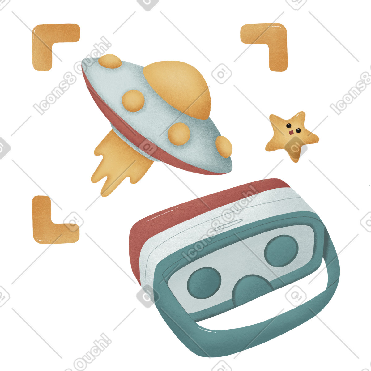Virtual-reality-brille mit fliegender untertasse-Illustration im Woolly-Stil als Download in PNG, SVG