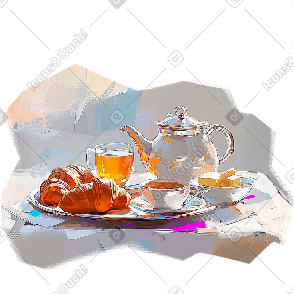 Ilustración Oil painting of breakfast with teapot, cups and croissants en estilo Pictorial a descargar en PNG y SVG
