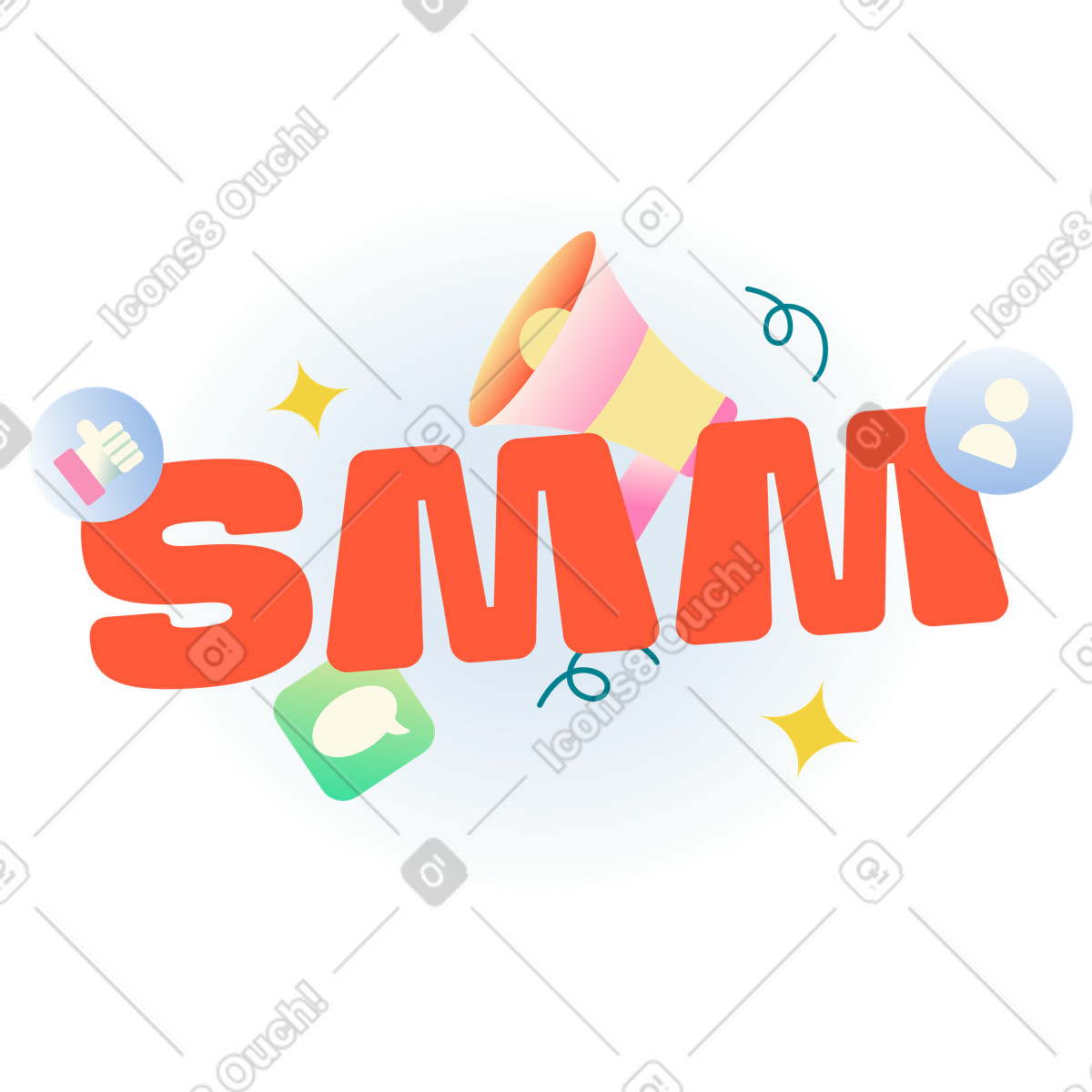 Ilustração de Letras smm com megafone, usuário e texto sinais semelhantes em no estilo Beam para baixar em PNG, SVG