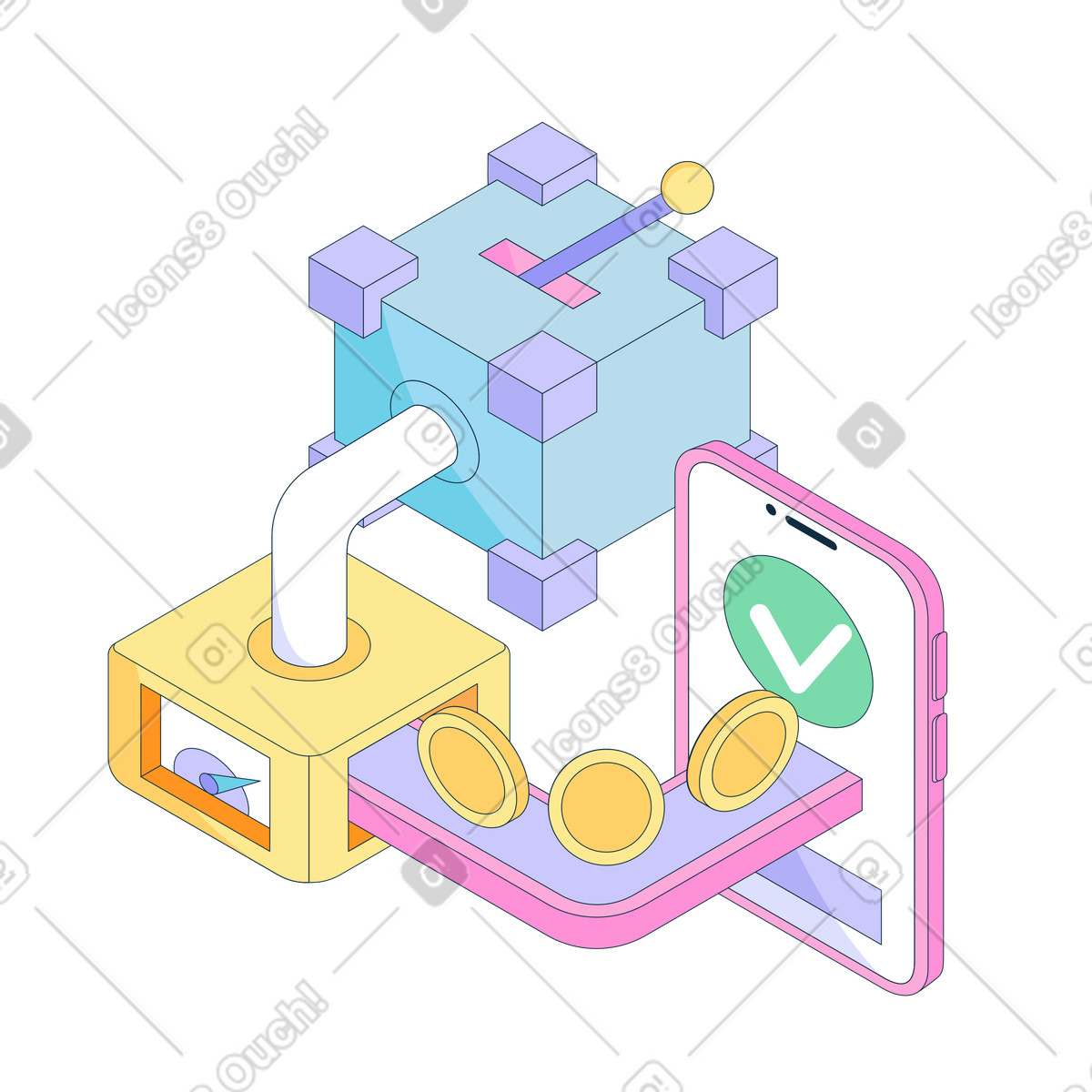 Cryptocurrency coins transferring through blockchain, fintech innovation and digital economy, successful crypto transaction illustration in PNG, SVG