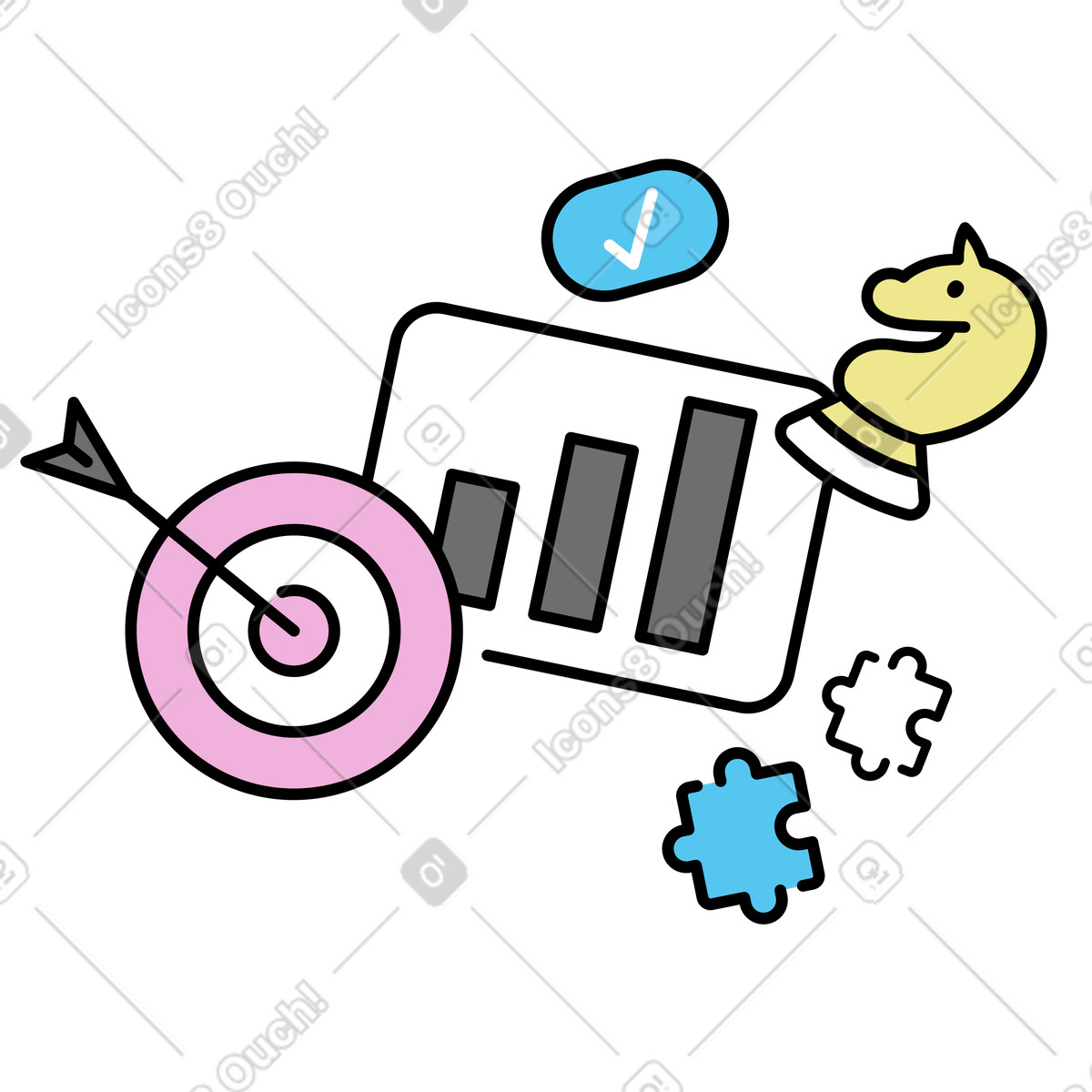 Ilustração de Growth chart, chess piece and target, Business strategy goal setting em no estilo Mochi para baixar em PNG, SVG