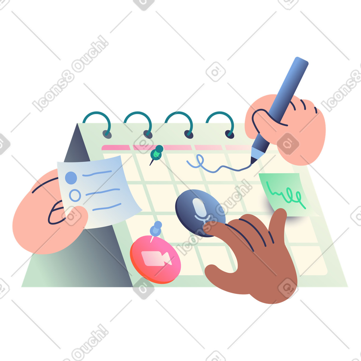 Ilustración Calendario inteligente con integración de voz y video, sincronización calendario, herramienta planificación productividad multimodal en estilo Beam a descargar en PNG SVG