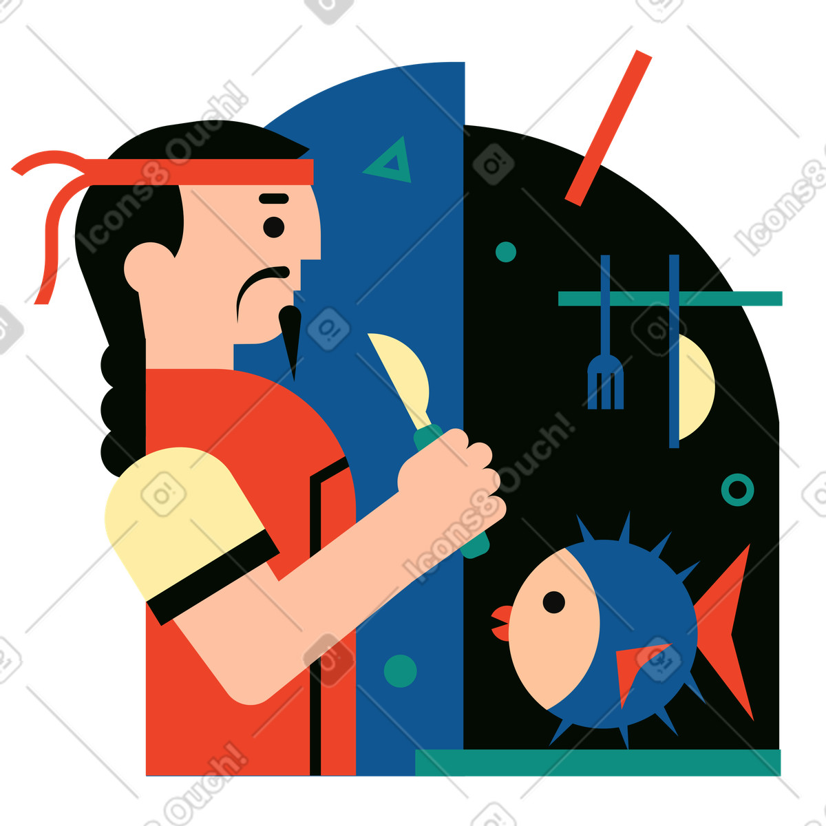Ilustración Cocina japonesa con hombre haciendo sushi. en estilo Polar a descargar en PNG y SVG