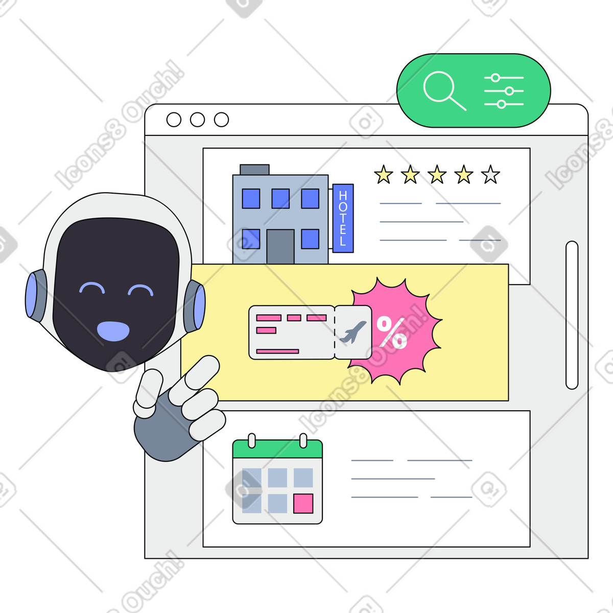 AI assistant recommending hotels and flights, Smart travel booking or planning illustration in Teko style download in PNG, SVG