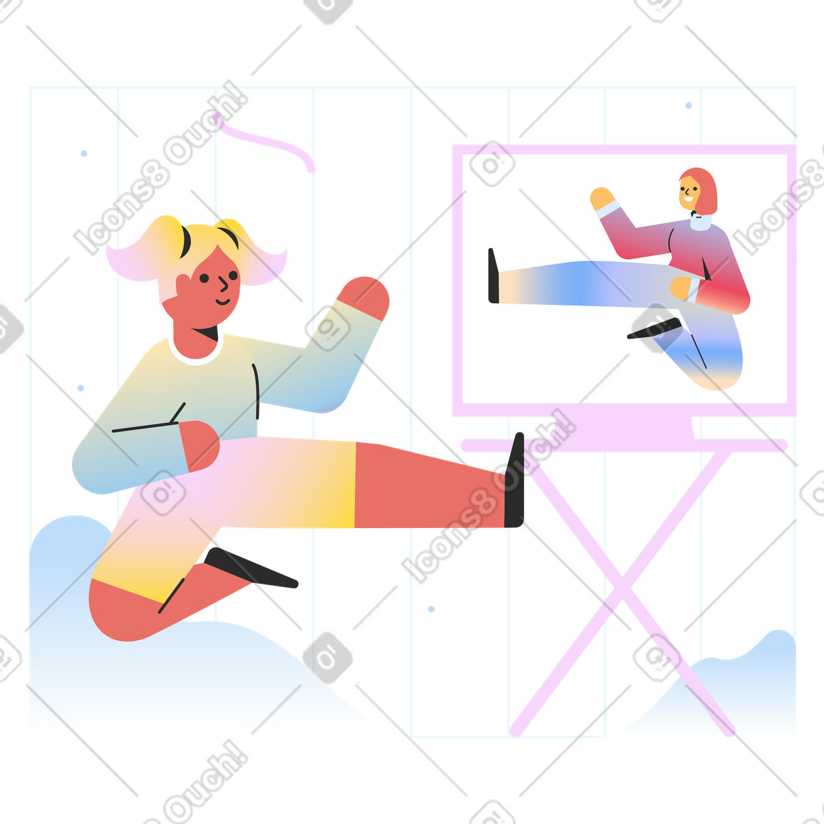 Mädchen, das online-karateunterricht hat-Illustration im Marginalia-Stil als Download in PNG, SVG