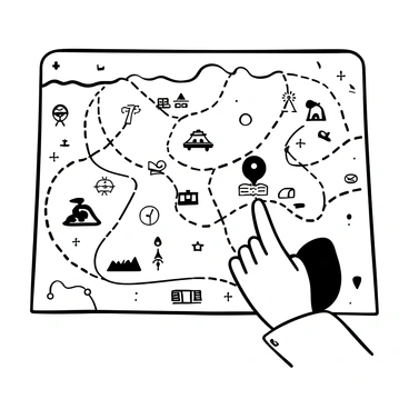 A hand with a detailed texture, fingers slightly curled, pointing at a specific location marked by an icon on a travel map. The map is filled with various illustrated landmarks and routes, with lines connecting different regions. The map features multiple symbols representing cities and attractions, all laid out in an organized manner, suggesting an adventurous journey.
