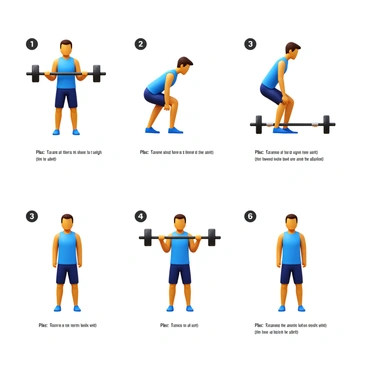 An illustration depicting a step-by-step guide for performing a barbell row exercise. The first step shows a person standing with feet shoulder-width apart, holding a barbell with both hands, arms extended. The second step captures the individual bending at the hips while keeping the back straight, lowering the barbell towards the knees. The third step displays the person pulling the barbell up towards the abdomen, squeezing the shoulder blades together. The final step illustrates the individual lowering the barbell back to the starting position while maintaining proper posture. Each step includes labels indicating the position of the body and the barbell for clarity.