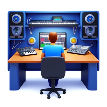 A musician composing music with digital instruments on a laptop in a studio