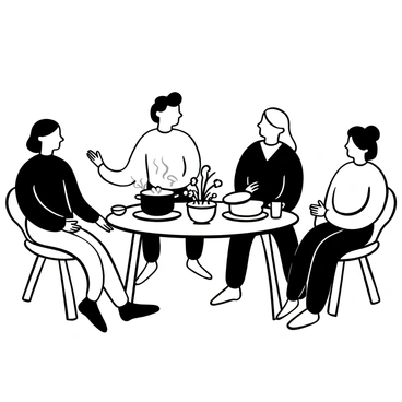 A family gathered around a wooden dining table, displaying a variety of homemade dishes, including a steaming pot of soup and a freshly baked loaf of bread. The table is set with plates and utensils, and the warm glow of candlelight casts soft shadows. Members of the family are engaged in lively conversation, with hands gesturing expressively and laughter filling the air. A small vase of wildflowers is placed center stage on the table, adding a touch of charm to the scene.