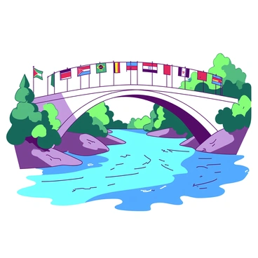 A white bridge arches gracefully over a flowing blue river. Colorful flags from various nations are strung along the sides of the bridge, flapping gently in the breeze. Each flag displays distinct patterns and colors, representing the rich diversity of cultures. The sunlight casts vibrant reflections on the water below, enhancing the sense of unity among the nations represented. Green trees line the riverbanks, adding a touch of nature to the scene.