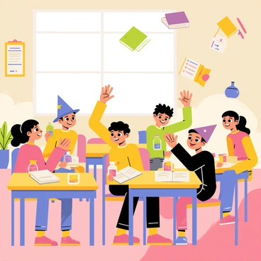 A whimsical classroom filled with colorful wooden desks and cheerful decorations. Several children are gathered around, eagerly practicing spells, with expressions of concentration and joy. Above them, "floating books" hover in mid-air, their pages fluttering gently as if alive. Various "potions" in glass bottles of different shapes and vibrant colors are strategically placed on the desks, some bubbling or emitting sparkles. The walls are adorned with magical posters and charts, while a large window lets in bright, playful sunlight that highlights the enchanting atmosphere of learning.