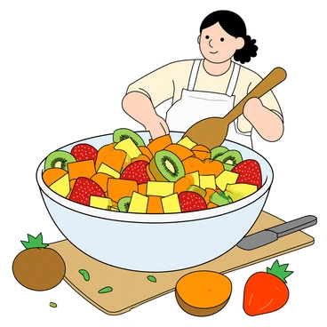 A large, colorful bowl filled with a variety of tropical fruits. The bowl contains bright yellow pineapple chunks, vibrant orange mango slices, and deep red strawberries, all glistening with freshness. There are also slices of green kiwi with their speckled skins and bright orange pieces of papaya scattered throughout. A chef with dark hair pulled back is wearing a white apron and is using a large wooden spoon to mix the fruits together. The kitchen counter is adorned with a cutting board, a knife, and a few whole fruits still waiting to be added to the salad. The scene is lively and filled with bursts of color from the fruits.