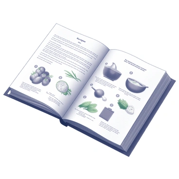 A cookbook page displaying a detailed recipe layout. The page includes numbered steps showcasing the preparation process, each step accompanied by a clear visual description. There are images of ingredients, such as fresh vegetables and herbs arranged neatly, as well as images showing the cooking stages, from chopping to mixing in a bowl. The text features "Delicious Recipe" prominently at the top, and each visual step is labeled with simple instructions. The overall composition is organized and easy to follow, presenting a cohesive and informative cooking guide.