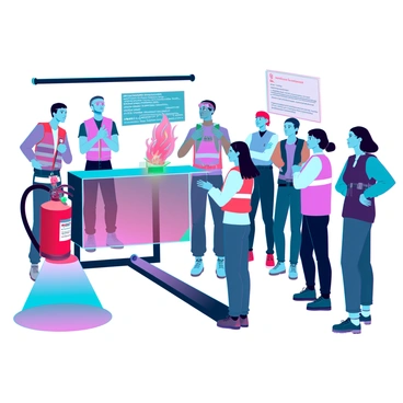 A fire safety demonstration takes place in a modern training facility. In the center, a fire extinguisher is prominently displayed on a sleek stand. An instructor, a middle-aged man with short black hair and wearing a bright safety vest, is explaining the procedure to a diverse group of attentive participants. The group consists of men and women of various ages and ethnicities, all wearing casual clothing and safety goggles. To the side, a small controlled fire is visible, demonstrating the use of the extinguisher. Colorful safety signage is placed around the area, emphasizing key fire safety tips and the proper usage of a fire extinguisher. The atmosphere is focused, with participants preparing to engage in hands-on practice.