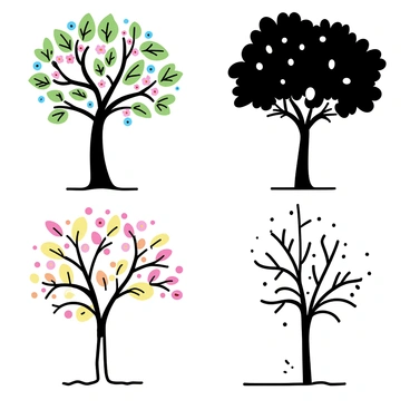 A large tree with a sturdy trunk, depicted in four parts. The first section shows the tree in spring, with vibrant green leaves and colorful blossoms. The second section illustrates summer, featuring a full canopy of dark green foliage. The third part represents autumn, displaying leaves in shades of orange, red, and yellow, some of which have fallen to the ground. The final section captures winter, with bare branches and a dusting of white snow on the ground. Each section seamlessly transitions to the next, showcasing the change in seasons.