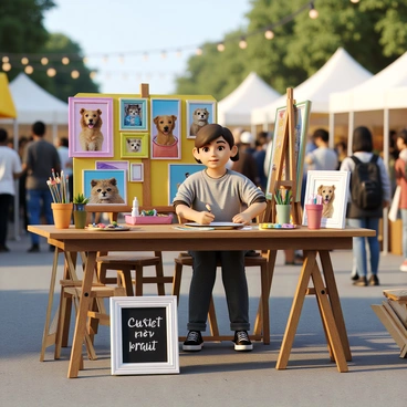 An illustrator with light skin and short brown hair is seated at a wooden table, surrounded by an array of colorful art supplies. On the table, there are various pet portraits displayed in vibrant frames, showcasing cats and dogs in different poses. The market setting features a bustling crowd in the background, with tents and string lights illuminating the area. The illustrator is focused on painting a portrait of a golden retriever, with a canvas propped up in front of them, using a palette of bright colors. A sign on the table reads, “Custom Pet Portraits.”