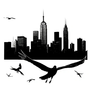 A cityscape silhouette features a cluster of tall skyscrapers, with a variety of architectural shapes and designs. The scene captures the outline of the buildings against the horizon. Several birds are depicted flying in the foreground, their wings spread wide. The overall composition conveys a sense of depth and structure, with the silhouettes sharply defined against an expansive backdrop.