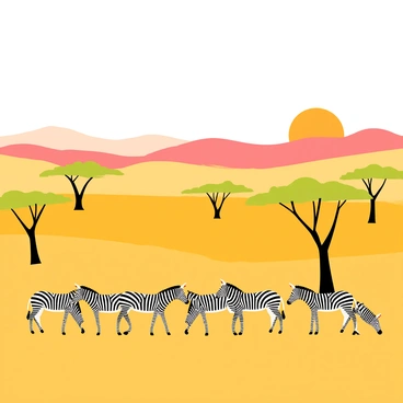 A wide savanna landscape featuring a golden grassy terrain dotted with several tall acacia trees. In the foreground, a herd of black and white striped zebras grazes peacefully, their distinctive patterns contrasting against the warm colors of the savanna. The sky is painted with hues of orange and pink as the sun sets on the horizon, casting a gentle light over the scene, illuminating the zebras and the acacia trees. Silhouettes of distant hills can be seen in the background, adding depth to the savanna landscape.