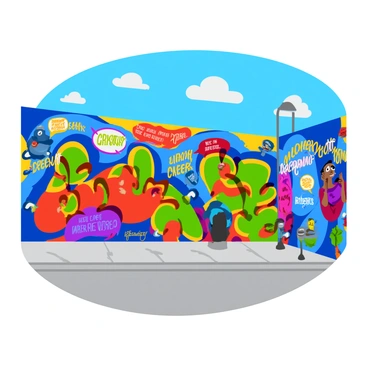 A colorful graffiti wall covered in vibrant designs and intricate patterns. The wall features a variety of artistic expressions, including abstract shapes, vivid illustrations, and detailed characters. Bright colors like blue, red, yellow, and green dominate the scene. Scattered throughout the mural are quotes about "free speech," each written in unique fonts and styles, adding a dynamic textural element to the artwork. The wall is set against a clear blue sky, emphasizing the vivid colors of the graffiti.