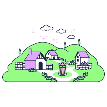 A small village is nestled on the flat expanse of a plateau. The village consists of several modest houses with sloped roofs and stone walls. In the center, there is a cobblestone path that winds through the village, flanked by flowering bushes. A well with a wooden roof stands in the middle of the village square. Surrounding the village are gently rolling hills, adding to the serene landscape. In the distance, a few trees and shrubs are visible on the plateau's edge. The sky above is clear, with a few clouds scattered throughout.