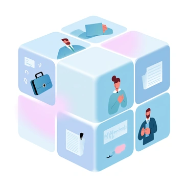 A 3D cube is displayed with each face representing different organizational roles. One face illustrates a manager, depicted with a briefcase and a notepad, while another face showcases a team member with a laptop and documents. The third face features a project leader with a checklist and a pen. The fourth face displays an intern holding a stack of papers. Each face is vibrant and distinct, highlighting the unique attributes of each role. A gradient pastel background enhances the overall presentation, giving a cohesive and modern appearance to the cube.