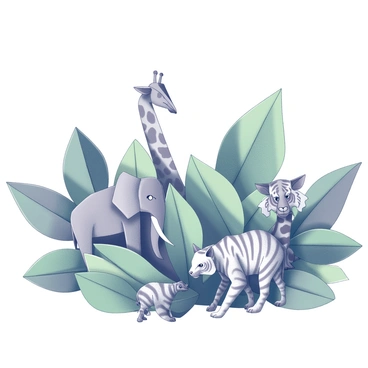 A gathering of origami jungle animals is positioned among layered paper foliage. These animals include a folded elephant, a delicate giraffe, and a crouching tiger, all crafted from intricately patterned origami paper. The animals are partially concealed by overlapping leaves, created from various shades of green paper, which provide a naturalistic setting. The scene conveys a sense of exploration and blending into nature, with the animals appearing alert and observant amidst the vibrant folding of the foliage.
