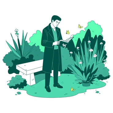 A teal garden filled with various plants and flowers surrounds a thoughtful figure of Victor Frankenstein. He is dressed in a dark coat and appears deep in thought, gazing at an open book in his hands. The garden features a variety of lush greenery, with a large white stone bench nearby, where he stands. Delicate yellow butterflies flutter around, adding life to the scene. In the background, there are hints of distant trees and bushes, creating a sense of enclosure and focus on Frankenstein's contemplative moment.