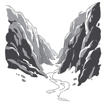 A narrow canyon stretches into the distance, flanked by towering rock formations with unusual shapes. The rocks are textured and rugged, displaying various layers and crevices. Swirling mist weaves through the canyon, creating a sense of mystery. The mist appears to rise from the ground, partially obscuring the base of the rock formations. Small patches of light filter through the mist, illuminating sections of the canyon walls in a dramatic contrast.