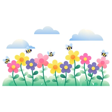 A field filled with vibrant flowers of various colors, including yellow, purple, and pink, stretches across the scene. Numerous bees with yellow and black stripes are buzzing around the flowers, actively collecting nectar. The bees are in different positions, some hovering near the petals while others are landing on the flowers. Soft green grass covers the ground, and a clear blue sky with a few fluffy white clouds is visible above, creating a bright and lively atmosphere.