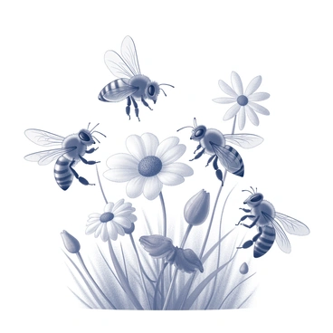 A close-up view of bees interacting with various flowers in a meadow. The composition features several bees hovering near or landing on the flowers, with their wings in motion. Different types of flowers with intricate shapes and textures are present, each displaying distinctive petals and structures. The scene captures the bees' bodies, showing details such as their fuzzy texture and the delicate movements as they collect pollen from the blossoms. The background includes hints of more flowers and greenery, providing context to the lively activity of pollination.