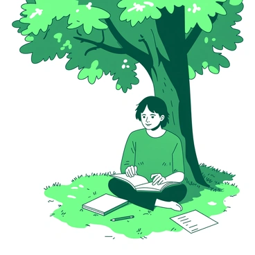A person sitting cross-legged on the grass beneath a large tree with a thick trunk and wide branches. Sunlight is filtering through the vibrant green leaves, creating dappled patterns of light and shadow on the ground. The person has a focused expression while studying from an open book resting on their lap. There are scattered pieces of paper and a pencil nearby, indicating a study session in progress. The scene conveys a sense of tranquility and connection with nature.