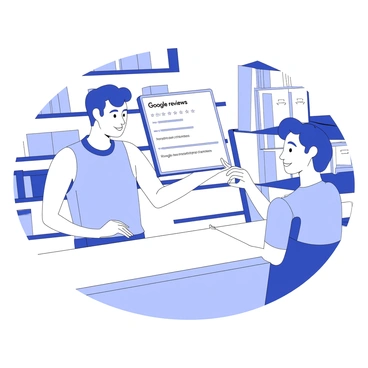 A shopkeeper is standing behind a wooden counter, holding a tablet in their hands. The tablet screen displays a list of "Google reviews" with star ratings and comments visible. The shopkeeper has a focused expression while explaining the reviews to a customer who is leaning forward, attentively looking at the screen. The shop has various shelves filled with products in the background. There is a warm light illuminating the scene, creating a welcoming atmosphere.