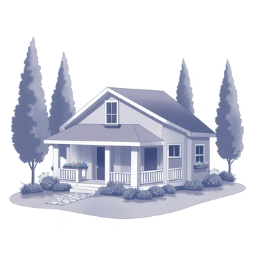 A cozy cottage with a gabled roof and a front porch. The cottage has multiple windows with flower boxes beneath them. Surrounding the cottage are several tall trees, providing a natural canopy. A small garden is in the foreground, featuring various plants and flowers. The pathway leading to the cottage is lined with stones, and there are a few garden tools resting beside the porch.