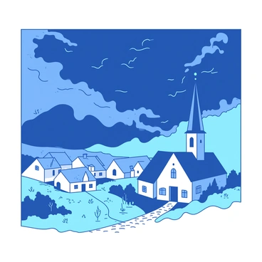 A duotone illustration shows dark clouds swirling ominously in the sky above a small white village. The houses in the village are neatly lined up, each with white walls and blue roofs. In the foreground, the village's cobblestone path winds through the scene, leading to a charming white church with a tall steeple. The greenery around the village, including small trees and shrubs, adds contrast to the intense dark clouds above. The atmosphere conveys a sense of impending change as the clouds draw nearer to the peaceful village.
