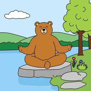 A brown bear with a soft fur texture is sitting in a yoga pose on a smooth rock by the edge of a tranquil lake. The bear has its eyes closed and a peaceful expression on its face, with its front limbs resting gently on its knees. Surrounding the bear, there are lush green trees with vibrant leaves, and a few colorful flowers growing near the water's edge. The lake reflects the clear blue sky and fluffy white clouds above. In the background, there are distant rolling hills, adding to the serene atmosphere.