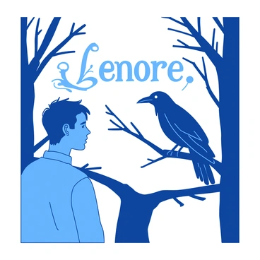 A blue silhouette of a forlorn figure stands under an overcast sky, gazing at a black raven perched on a nearby branch. The raven has glossy feathers and sharp eyes, looking directly at the figure. In the background, the name “Lenore” is written in an ornate, swirling font, partially obscured by the branches of the trees surrounding the scene. The atmosphere is heavy with emotion, enhancing the connection between the figure and the raven.