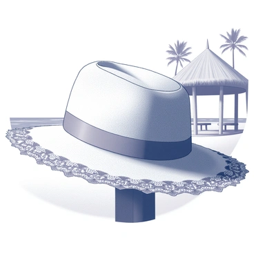 A straw hat is positioned prominently on the edge of a beachside cabana. The hat features exquisite lace trim that delicately adorns its brim. The cabana is constructed with wooden posts and has a thatched roof, providing a relaxed coastal atmosphere. The background showcases soft sand and gentle waves of the ocean, with a few palm trees swaying lightly in the breeze. The scene captures the essence of a sunny beach day, emphasizing the charm of the hat resting on the cabana.