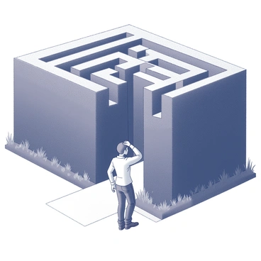 A person standing at the entrance of a gigantic maze. The maze features towering hedges with intricate twists and turns, creating an imposing structure. The person has a puzzled expression, with one hand scratching their head, indicating confusion. They are dressed casually, and their body language suggests uncertainty as they look towards the maze's entrance, which appears daunting. The surroundings include a pathway leading up to the maze, with grass lining the edges.