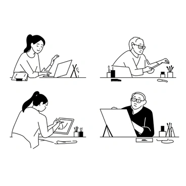 Several illustrators are seated at their individual desks in distinct artistic workspaces. One illustrator, a man with short hair and glasses, is focused on his laptop, surrounded by sketchbooks and colored markers. Another illustrator, a woman with long hair in a ponytail, is drawing on a digital tablet, with paintbrushes and ink bottles scattered around her workspace. A third illustrator, an elderly person with a gray beard, is working on a large canvas, with various paints and brushes organized neatly on the side. Each workspace reflects the individuality of the illustrators, filled with creative tools, art supplies, and personal touches. They are all engaged in their work, with expressions of concentration and inspiration.
