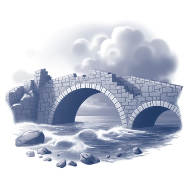 A crumbling stone bridge spans over a dark, swirling river. The bridge features archways that are partially collapsed, with stones scattered on the ground below. The turbulent river below has waves that twist and churn, creating a sense of movement. Above, a stormy sky looms with dense, dark clouds merging together, suggesting an impending storm. The atmosphere is heavy, with a sense of tension in the air.