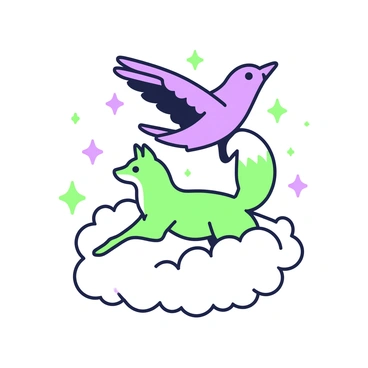 A crow and a fox are depicted in a scene floating amidst clouds and stars. The crow is shown in mid-flight, with outstretched wings and sharp eyes, gliding gracefully through the fluffy clouds. Below the crow, the fox is illustrated as it appears to be levitating, with its bushy tail elegantly curled. Surrounding both animals are small, glimmering stars scattered across the sky, providing a sense of magic to the scene. The clouds are fluffy and billowing, creating a soft backdrop for the crow and fox.